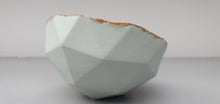 Load image into Gallery viewer, Geometric faceted polyhedron in pale pistachio green bowl made from fine bone china with real mat gold finish - ring dish