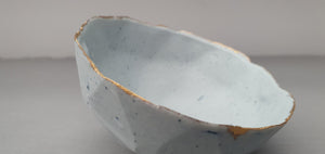 Geometric faceted polyhedron bowl in pastel blue made from stoneware Parian porcelain with real gold finish -  geometric decor
