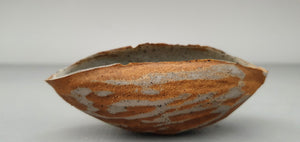 Hand curled big walnut shell in earthy woody colour in stoneware with clear glossy interior