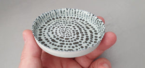 Stoneware Parian porcelain jewelry dish in shades of grey with dark blue dots interior - trinket dish - ring dish