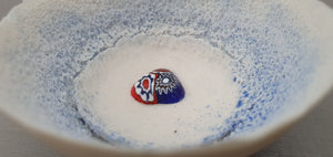 Small snow white vessel made from English fine bone china with blue glass dust and venitian millefiori glass- one of a kind