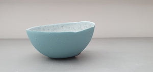 Stoneware Parian porcelain bowl in duck egg blue with mat interior and crystals and red enamel foot. one off piece