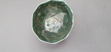 Load image into Gallery viewer, Ring dish. Geometric faceted polyhedron bowl made from white stoneware Parian porcelain with glazed green interior - geometric decor
