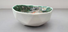 Load image into Gallery viewer, Ring dish. Geometric faceted polyhedron bowl made from white stoneware Parian porcelain with glazed green interior - geometric decor