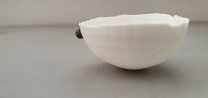 Small snow white vessel with black embossed dot made from English fine bone china - one of a kind