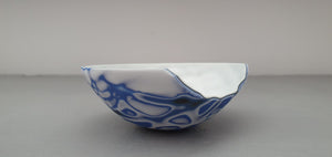 Ring dish. Stoneware English fine bone china vessel with a unique finish. Organic pattern in blue white and black.