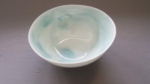 Stoneware English fine bone china vessel with blue mother of pearl luster interior - iridescent - rainbow