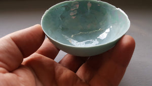 Stoneware English fine bone china vessel in duck egg blue with mother of pearl luster interior - iridescent - rainbow