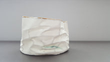 Load image into Gallery viewer, White with gold vessel. Crumpled paper-looking vessel made out of fine bone china with real gold and a hint of turquoise