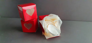 Fine Bone china walnut with red cube gift box with clear heart shape window. Valentine's Day