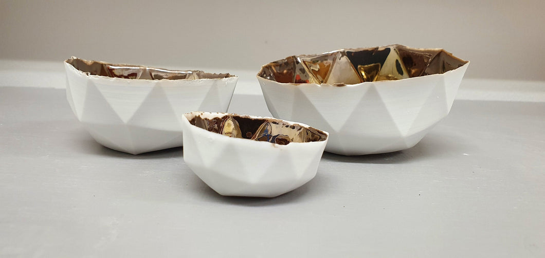 Nesting bowls. Set of 3 geometric faceted polyhedron fine bone china nesting stoneware bowls with gold interior. One of a kind.