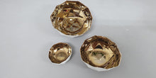 Load image into Gallery viewer, Nesting bowls. Set of 3 geometric faceted polyhedron fine bone china nesting stoneware bowls with gold interior. One of a kind.