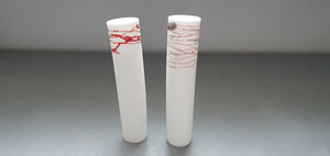Decorative thin tall mini vase made out of fine bone china with red enamel - bud vase one of a kind