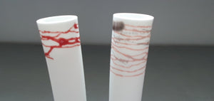 Decorative thin tall mini vase made out of fine bone china with red enamel - bud vase one of a kind