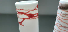 Load image into Gallery viewer, Decorative thin tall mini vase made out of fine bone china with red enamel - bud vase one of a kind