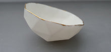 Load image into Gallery viewer, Geometric faceted polyhedron white bowl made from stoneware porcelain with real gold finish -  geometric decor - ring dish