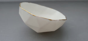 Geometric faceted polyhedron white bowl made from stoneware porcelain with real gold finish -  geometric decor - ring dish