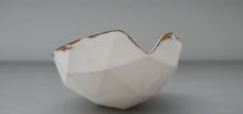 Load image into Gallery viewer, Geometric faceted polyhedron white bowl made from fine bone china with real mat gold finish and opening-  geometric decor - ring dish