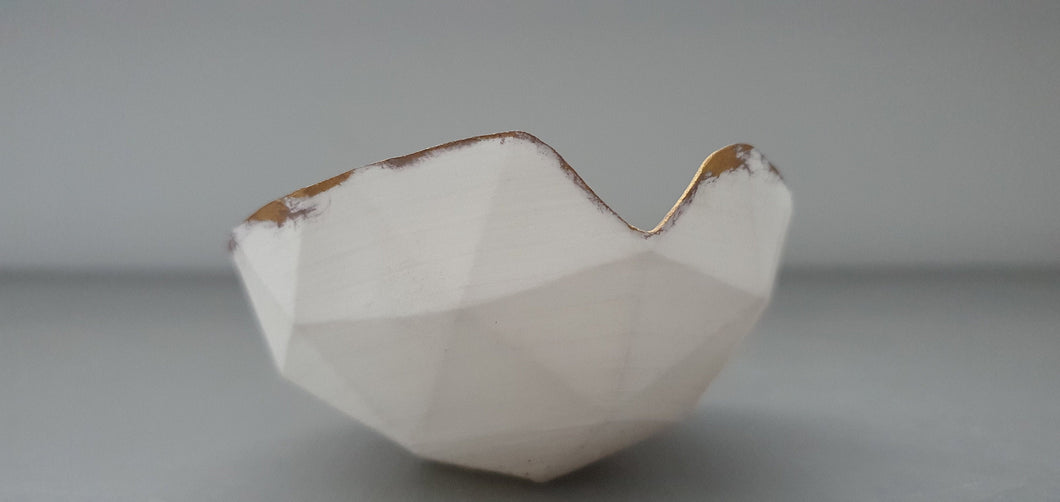 Geometric faceted polyhedron white bowl made from fine bone china with real mat gold finish and opening-  geometric decor - ring dish
