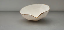 Load image into Gallery viewer, Geometric faceted polyhedron white bowl made from fine bone china with real mat gold finish and opening-  geometric decor - ring dish