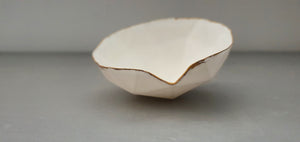 Geometric faceted polyhedron white bowl made from fine bone china with real mat gold finish and opening-  geometric decor - ring dish