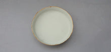 Load image into Gallery viewer, Stoneware Parian porcelain jewelry dish in pale green almost grey with gold rims - trinket dish - ring dish