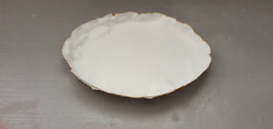 Large shallow dish from stoneware fine bone china in pure white with shimmering gold finish, stoneware porcelain, white ceramic