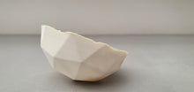 Load image into Gallery viewer, Geometric faceted polyhedron small white bowl made from stoneware bone china with cream glazed interior -  geometric decor - ring dish