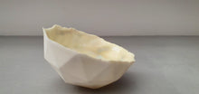 Load image into Gallery viewer, Geometric faceted polyhedron small white bowl made from stoneware bone china with cream glazed interior -  geometric decor - ring dish