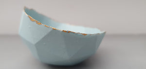 Geometric faceted polyhedron bowl in duck egg blue made from stoneware Parian porcelain with real gold finish -  geometric decor