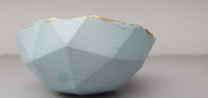 Geometric faceted polyhedron bowl in duck egg blue made from stoneware Parian porcelain with real gold finish -  geometric decor