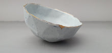 Load image into Gallery viewer, Geometric faceted polyhedron bowl in pastel blue made from stoneware Parian porcelain with real gold finish -  geometric decor