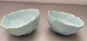 Geometric faceted polyhedron bowl in sky blue made from stoneware Parian porcelain with real gold finish -  geometric decor