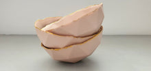 Load image into Gallery viewer, Geometric faceted polyhedron in tan pink bowl made from fine bone china with real mat gold finish - ring dish
