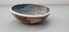 Load image into Gallery viewer, Stoneware small decorative bowl with chocolate, black and blue glaze and textured base.
