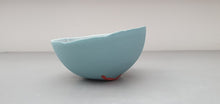 Load image into Gallery viewer, Stoneware Parian porcelain bowl in duck egg blue with mat interior and crystals and red enamel foot. one off piece