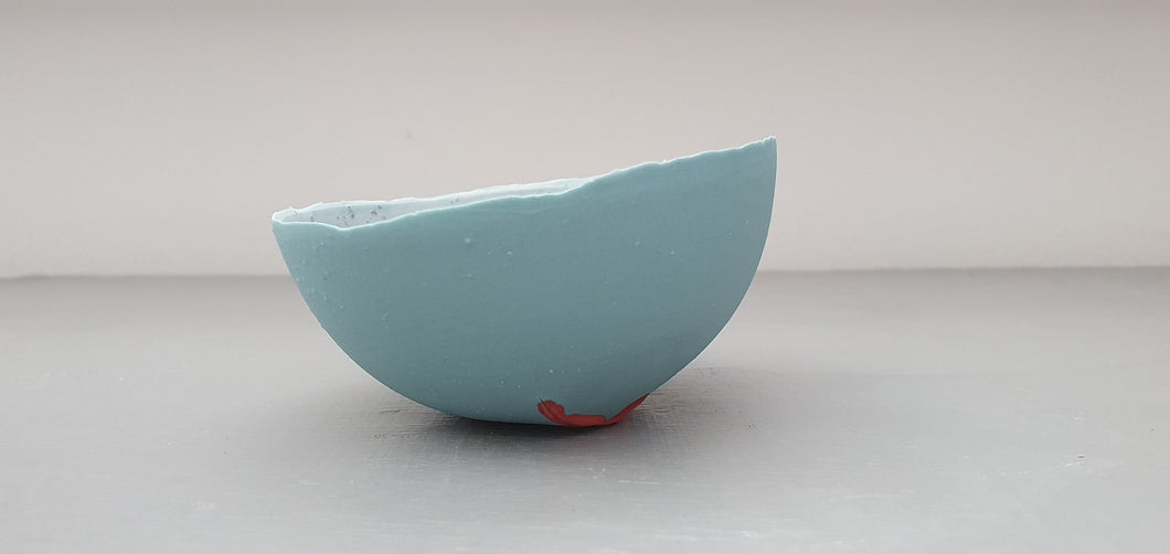 Stoneware Parian porcelain bowl in duck egg blue with mat interior and crystals and red enamel foot. one off piece