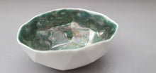 Load image into Gallery viewer, Ring dish. Geometric faceted polyhedron bowl made from white stoneware Parian porcelain with glazed green interior - geometric decor