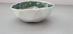 Ring dish. Geometric faceted polyhedron bowl made from white stoneware Parian porcelain with glazed green interior - geometric decor