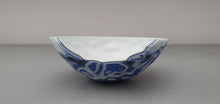 Load image into Gallery viewer, Ring dish. Stoneware English fine bone china vessel with a unique finish. Organic pattern in blue white and black.