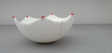 Load image into Gallery viewer, Small snow white vessel with serrated rims made from English fine bone china red glass droplets- one off piece