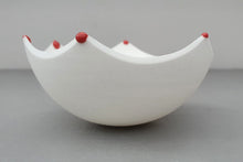 Load image into Gallery viewer, Small snow white vessel with serrated rims made from English fine bone china red glass droplets- one off piece