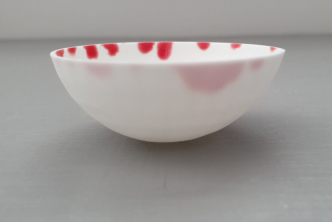Small snow white vessel with red enamel made from English fine bone china - one of a kind