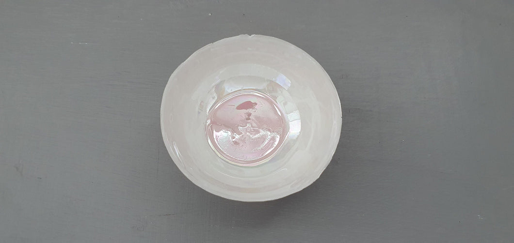 Stoneware English fine bone china vessel with mother of pearl luster interior and pink - iridescent - rainbow