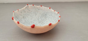 Small peach in colour vessel with serrated rims made from English fine bone china red glass droplets- one off piece