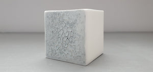 Small snow white cube made from English fine bone china and mat cracking glaze with micro crystals - geometric decor
