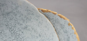 Stoneware Parian porcelain bowl in shades of  grey with mat gold rims mat interior and crystals.