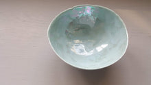 Load image into Gallery viewer, Stoneware English fine bone china vessel in duck egg blue with mother of pearl luster interior - iridescent - rainbow
