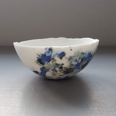 Porcelain vessel. Fine bone china small stoneware vessel with colourful accents of blue and black. one off piece