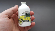 Load image into Gallery viewer, Porcelain bottle. Fine bone china small white bottle with a vintage car illustration - bud vase